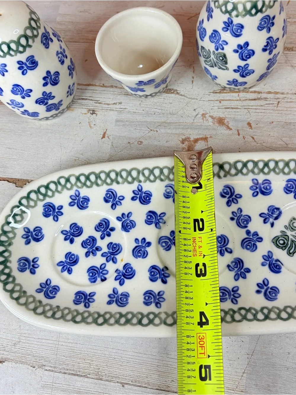 POLISH POTTERY Salt Pepper Shakers Set Tray Napkin Holder Boleslawiec Flowers